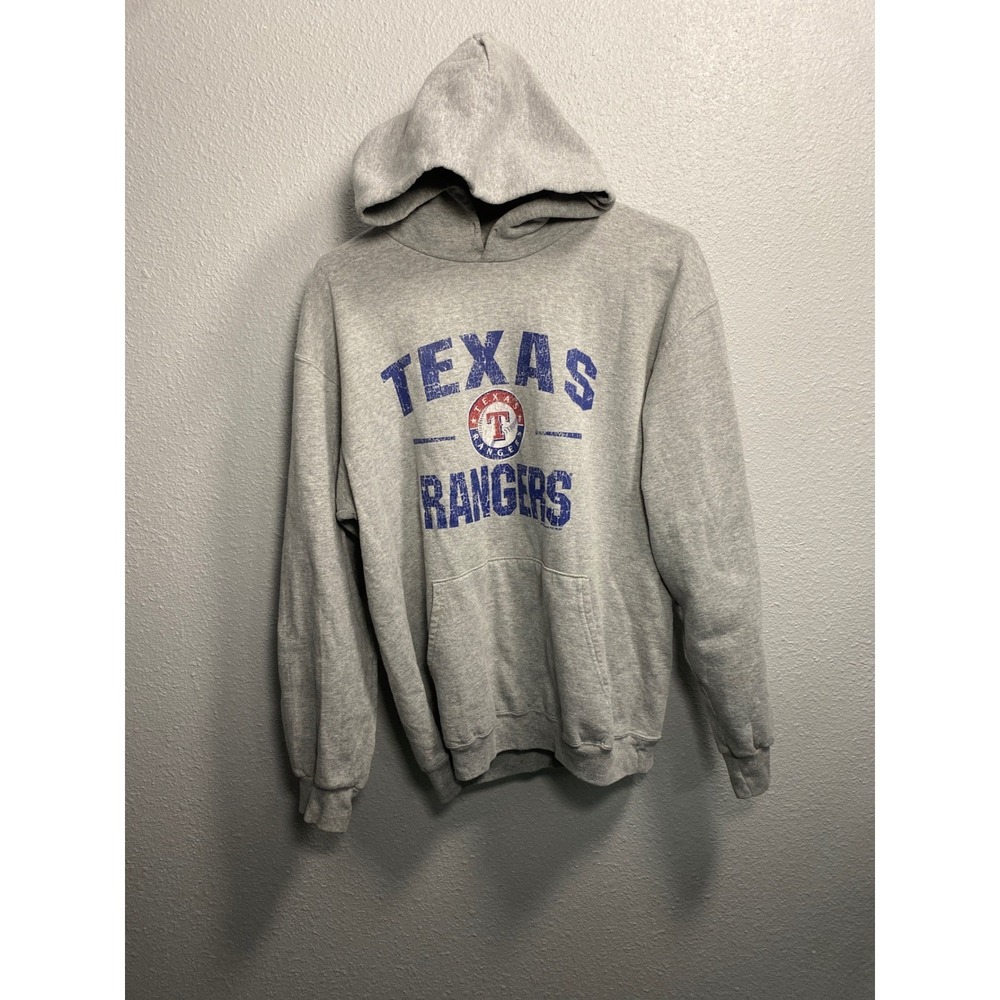 MLB Texas‎ Rangers Hoodie Mens Medium Gray Distressed Graphic Sweatshirt Fleece